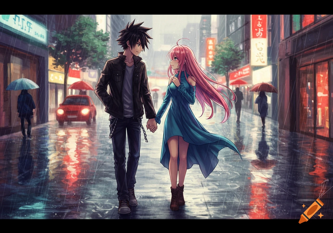 Anime couple walking hand-in-hand on a rainy city street at night with signs and lights.