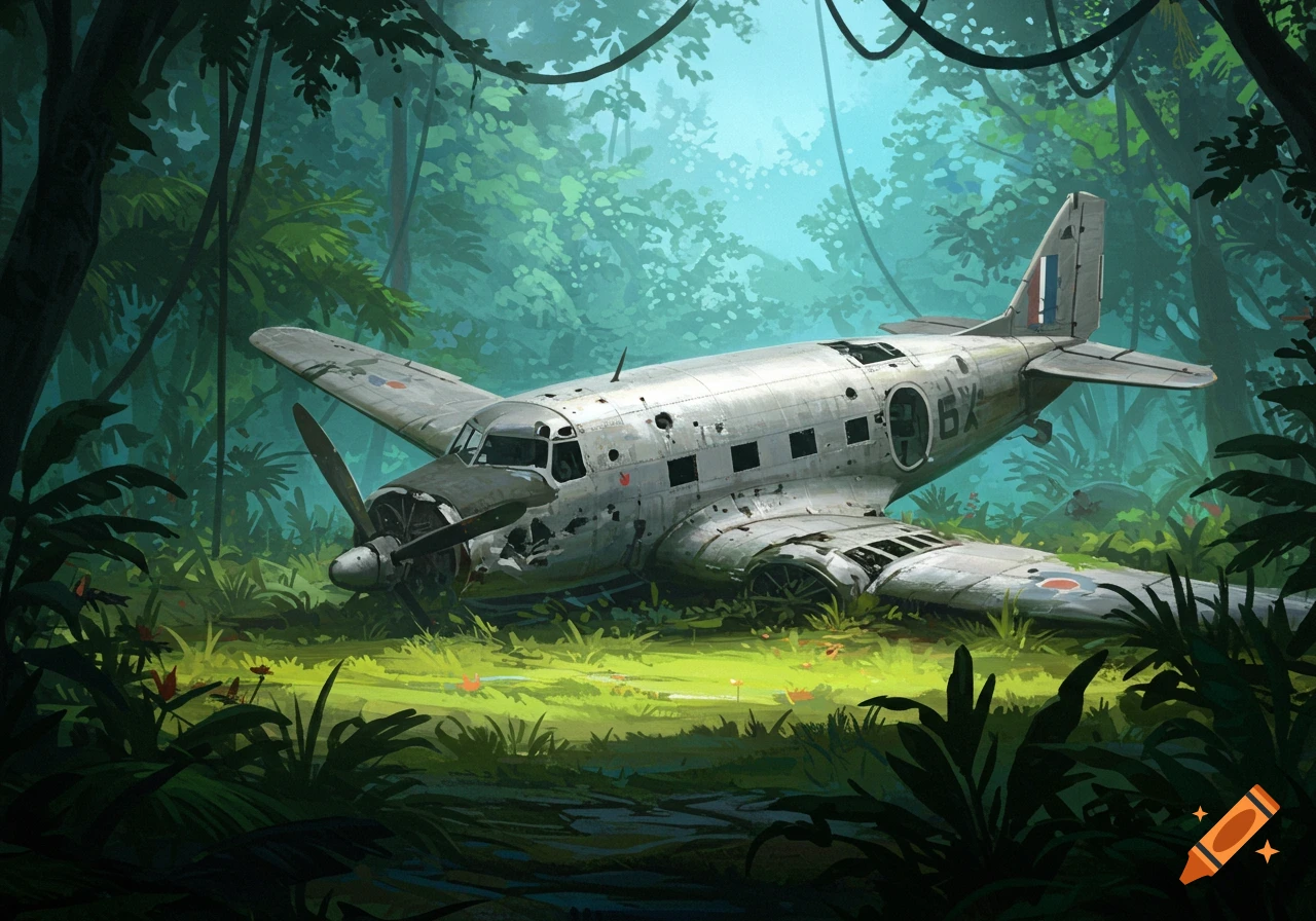 A crashed propeller airplane lies overgrown in a dense, lush jungle.