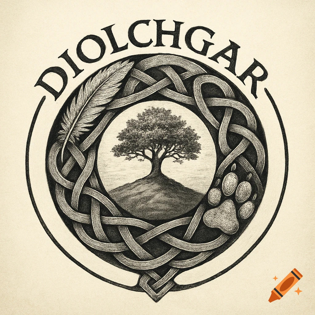 Black and white illustration of a Celtic knot circle with a tree, feather, pawprint, and the word DIOLCHGAR.