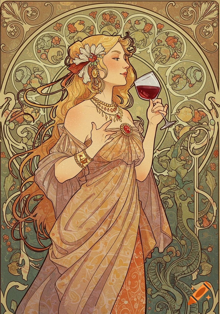 Art Nouveau illustration of a blonde woman drinking wine
