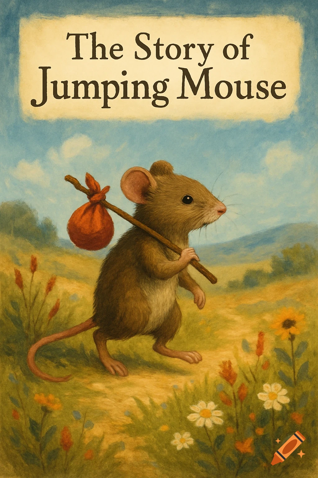 Illustration of a mouse carrying a sack on a stick walking through a field under text that reads 'The Story of Jumping Mouse'.