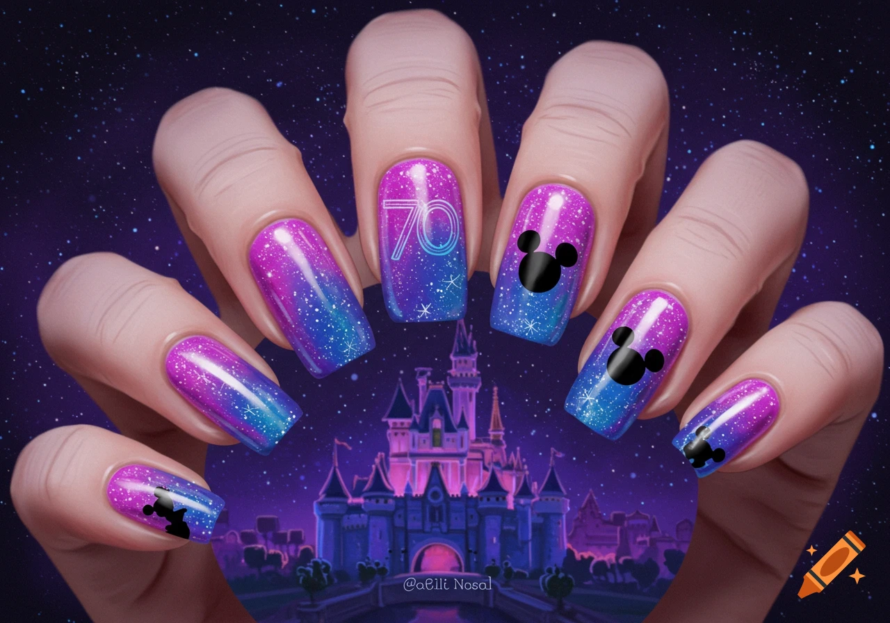 Nail art with purple/blue galaxy gradient, glitter, black Mickey Mouse silhouettes, and the number 70 over a castle and starry sky.