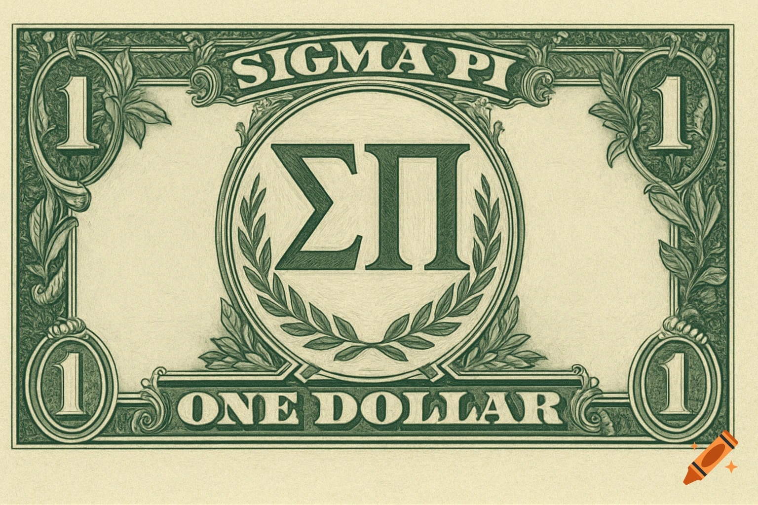 An illustration resembling a one dollar bill with 'SIGMA PI', the Greek letters 'ΣΠ', and the number '1' in the corners.