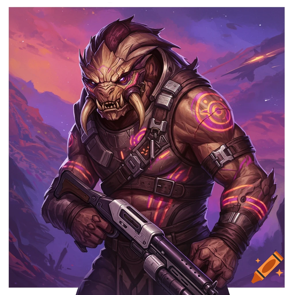 Digital painting of a fantasy creature with a shotgun in an alien ...