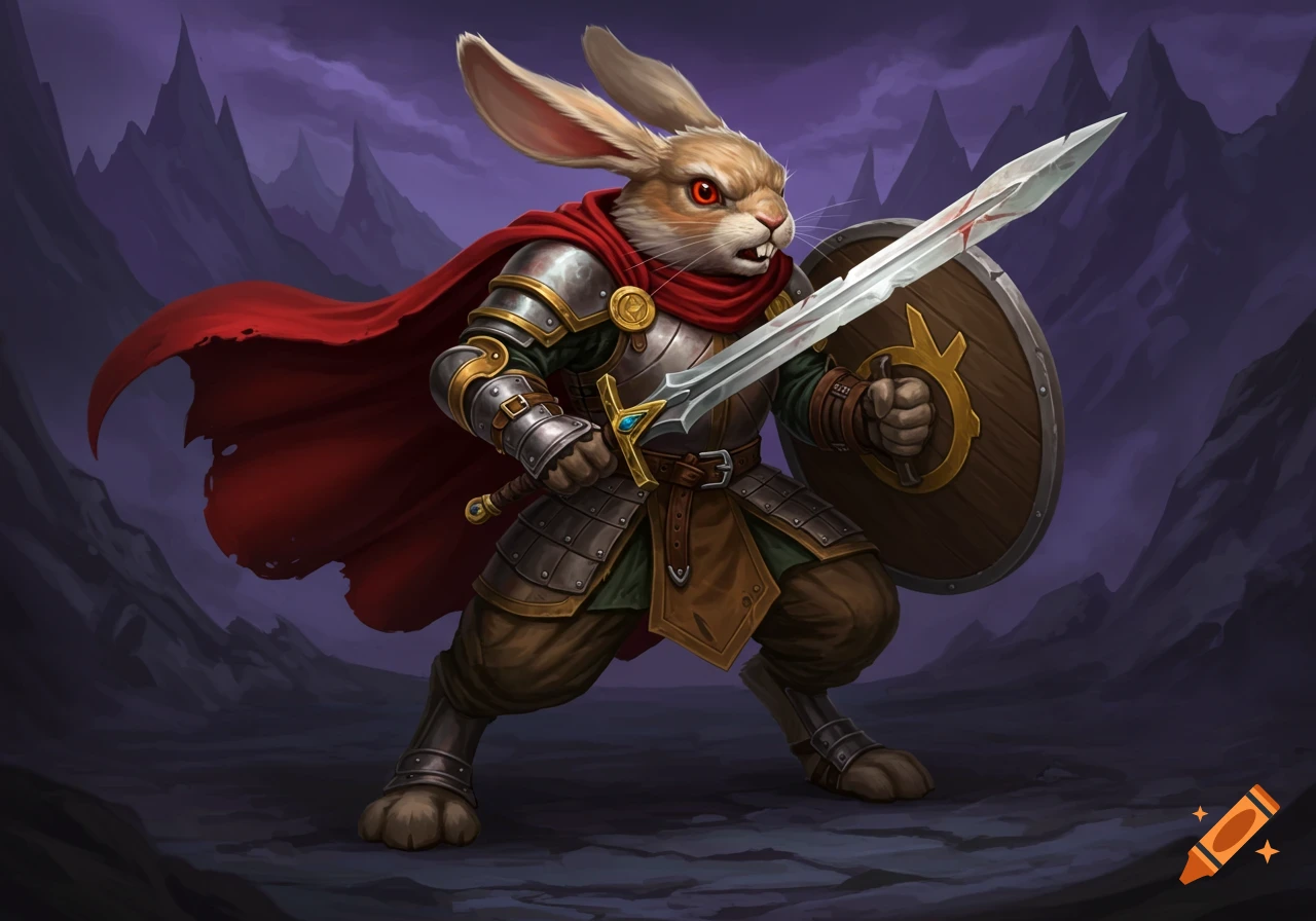 A rabbit warrior in armor with a sword and shield on Craiyon