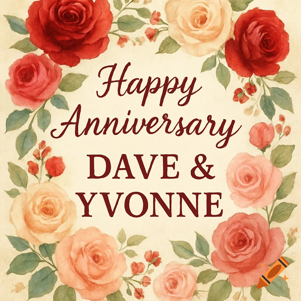Watercolor floral border around text "Happy Anniversary Dave & Yvonne".