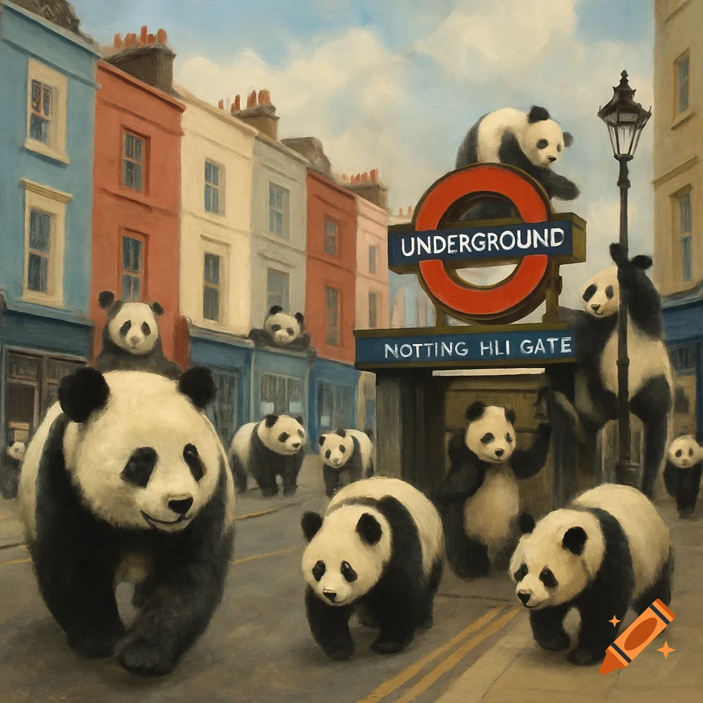 Painterly scene of pandas on a street in London near a red and blue Underground sign.