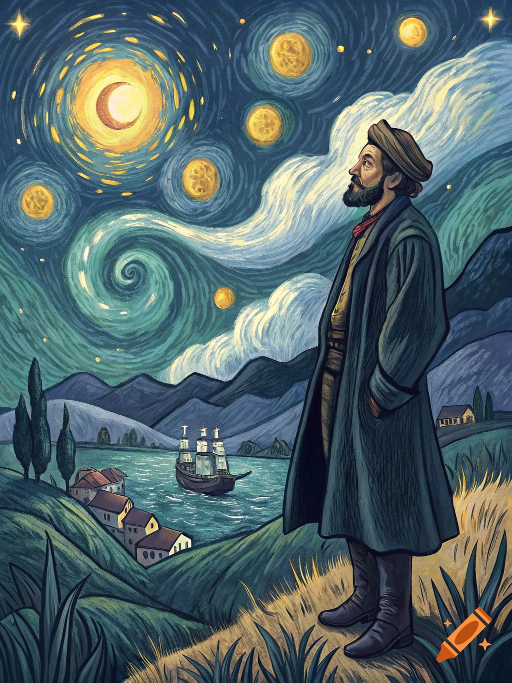 Painting of a historical figure looking at a swirling starry night sky