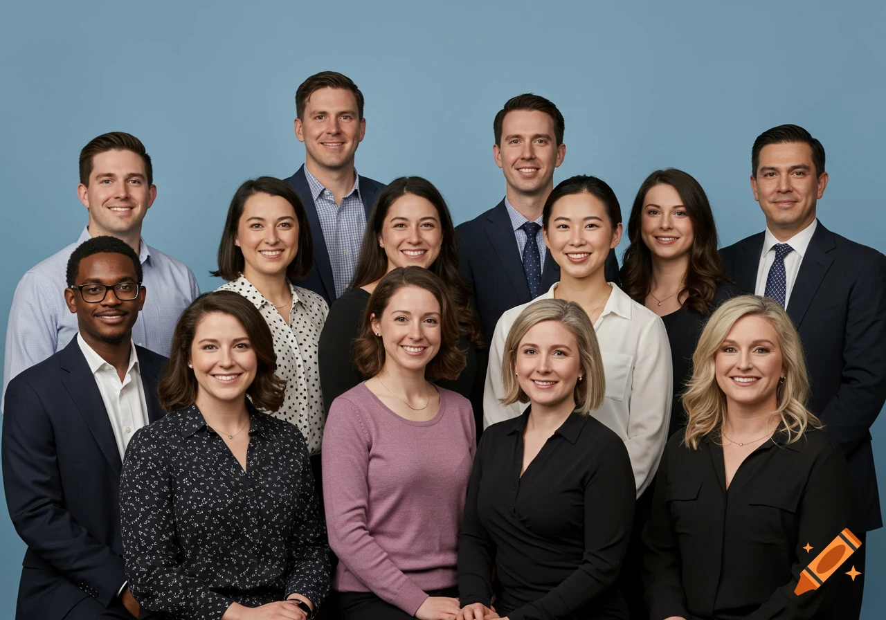 A group photo of diverse professionals smiling against a blue background.