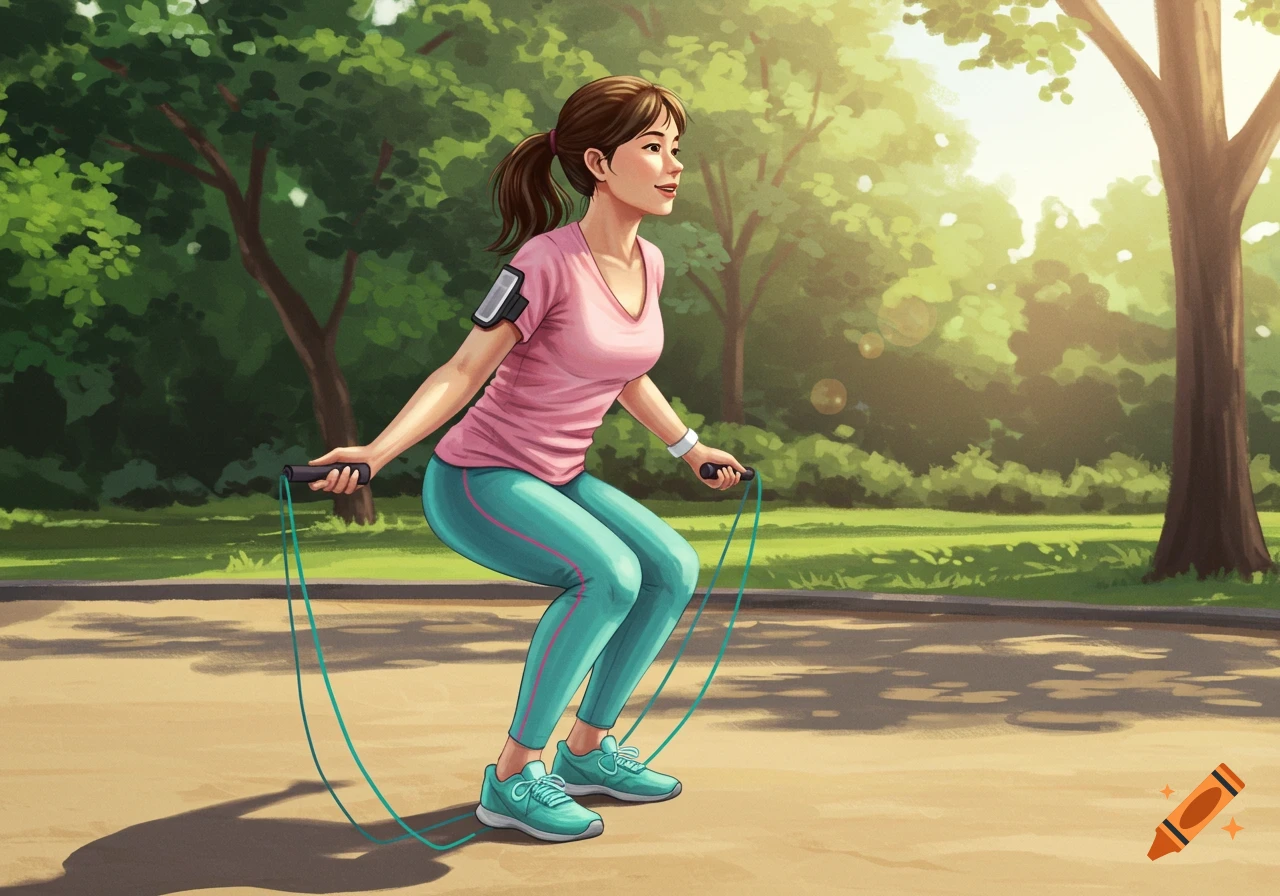 Woman in pink shirt and blue leggings jumping rope in a sunny park.
