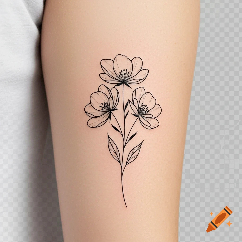 Simple black and white line art tattoo of three flowers and leaves on an arm.