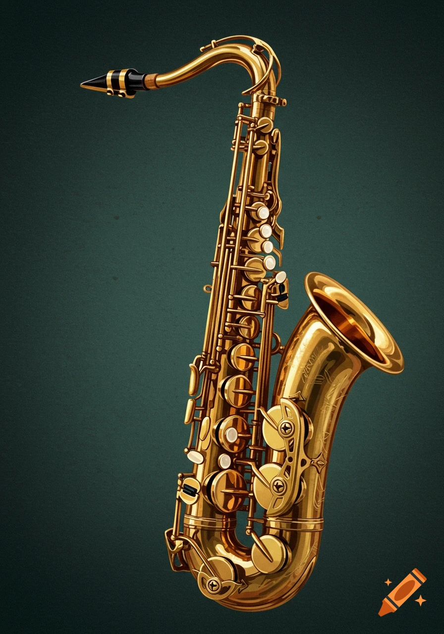 Golden tenor saxophone against a dark background.