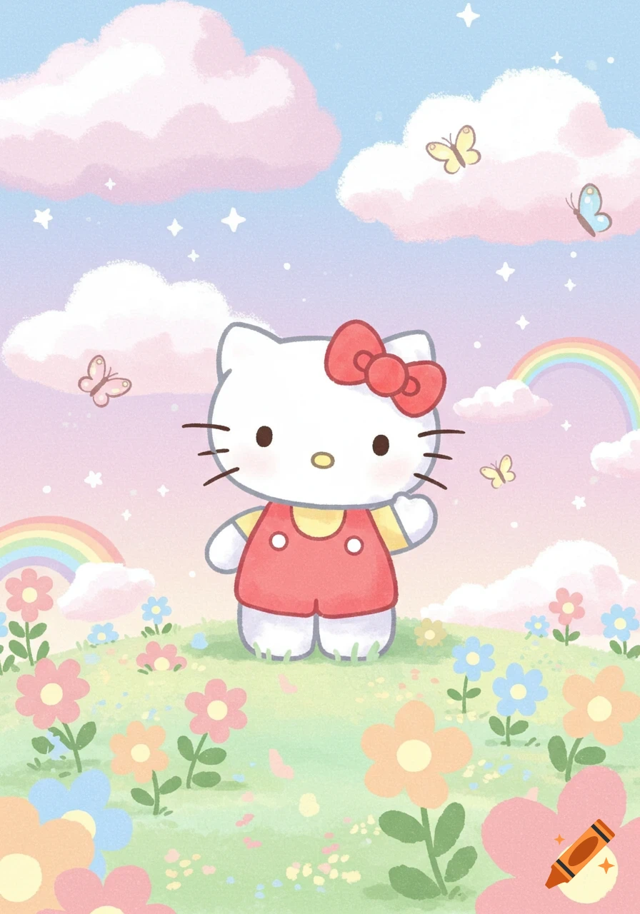 A cute cartoon Hello Kitty stands in a field of colorful flowers under a sky with clouds, butterflies, and rainbows.