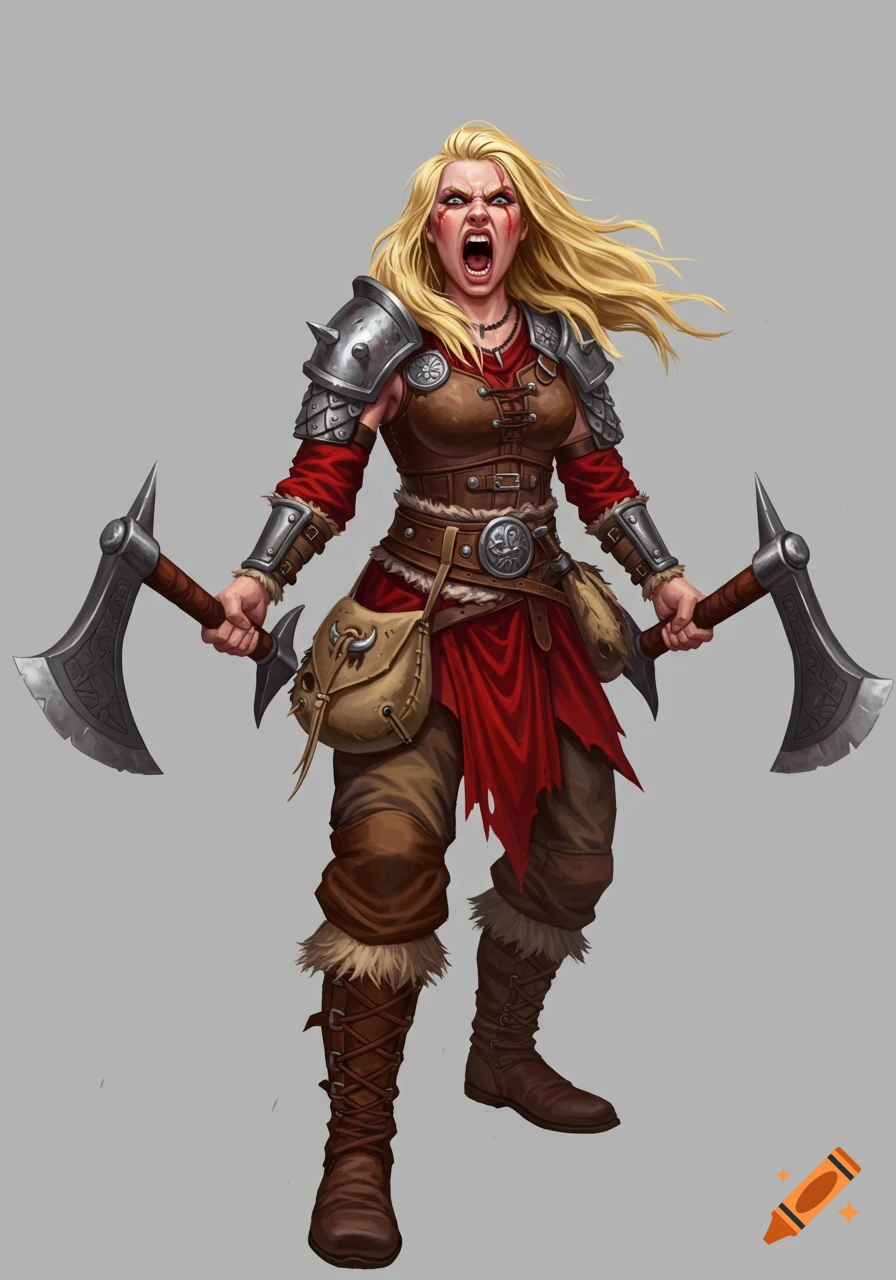 A blonde female barbarian in leather and metal armor, dual-wielding axes, yelling fiercely.