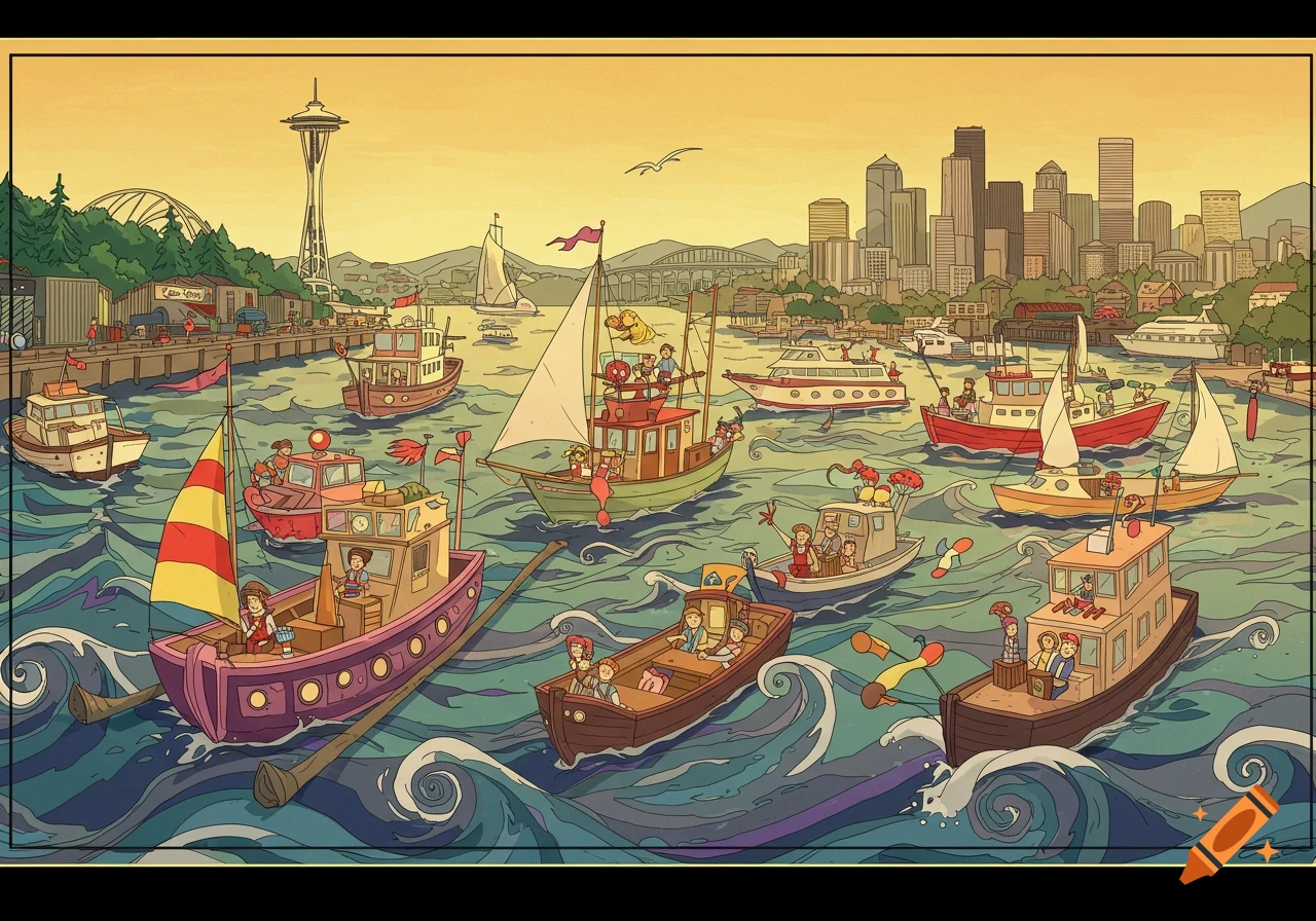 A colorful cartoon illustration of a busy harbor with many boats and people, set against a city skyline including the Space Needle.
