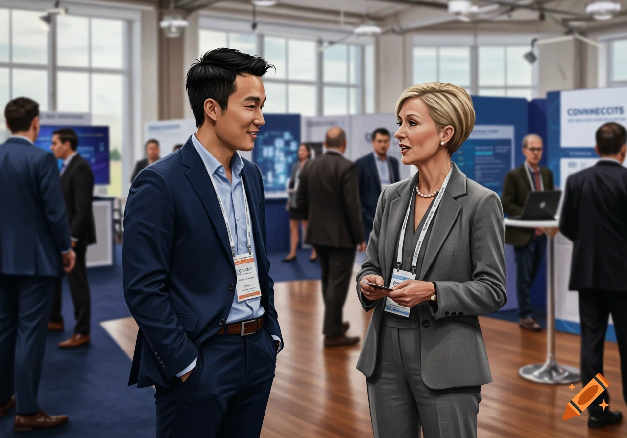 Two professionals talk at a conference booth.