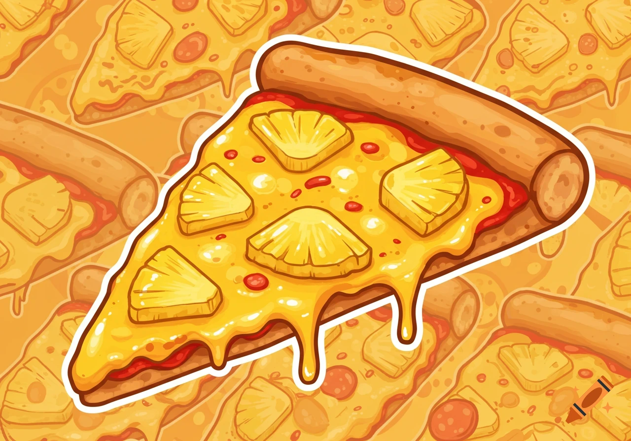 Cartoon slice of pineapple and pepperoni pizza dripping cheese