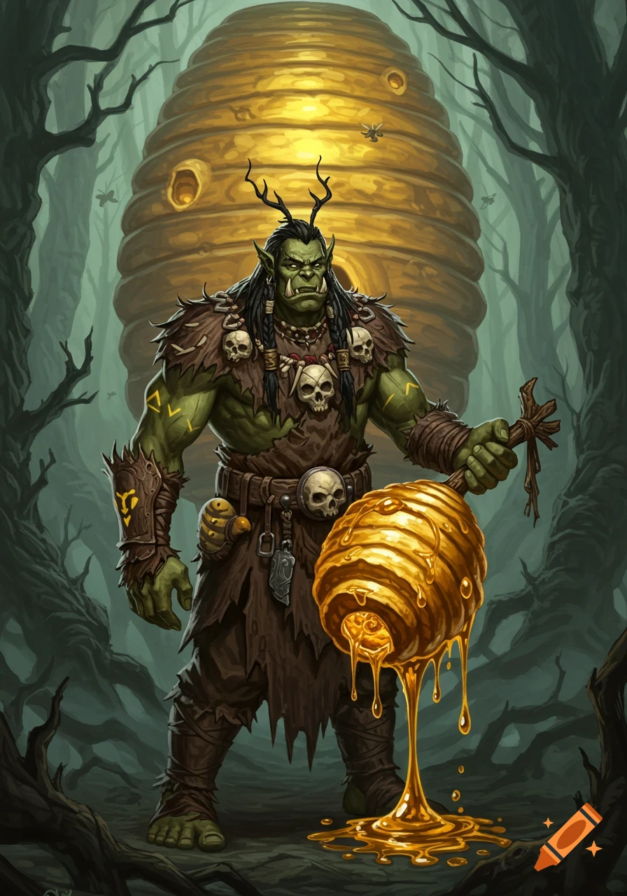 Illustration of a green orc holding a dripping honeycomb in a dark forest.
