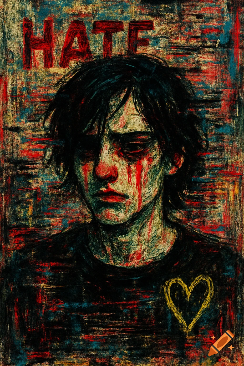 Textured portrait of a person with dark hair and red streaks dripping from their eyes, with the word HATE above them and a yellow heart below.