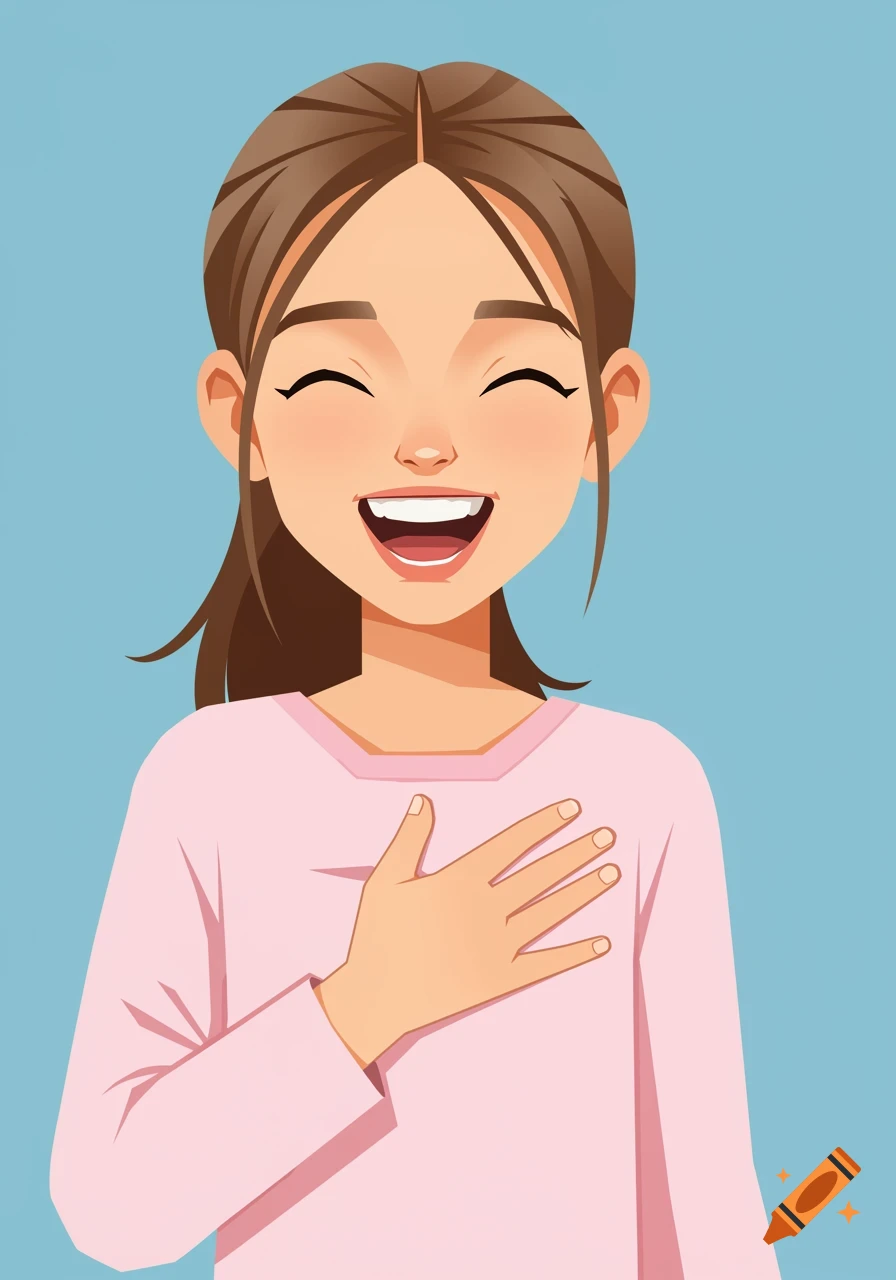 Illustration of a young woman smiling with eyes closed, hand over her heart