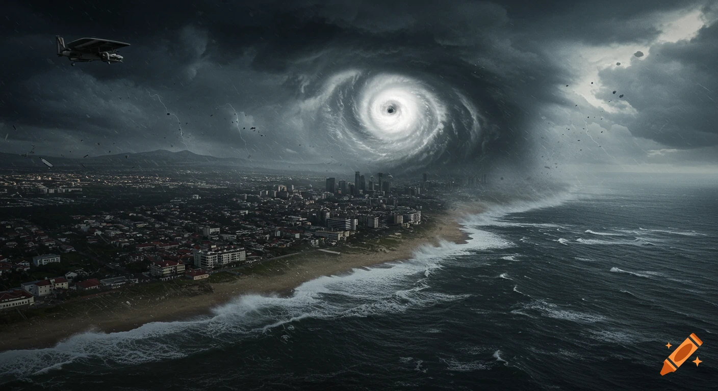 A massive, swirling hurricane storm cloud looms over a city coastline with crashing waves and a plane flying nearby.