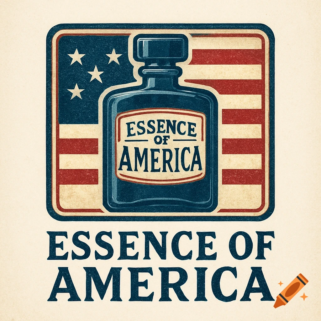 Logo with an American flag background, a dark bottle with a label, and the text 'Essence of America'.