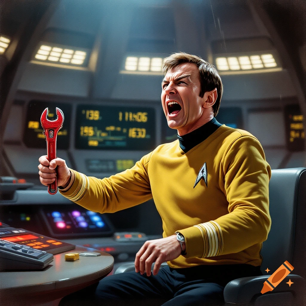 Captain Kirk on the Enterprise bridge shouting, holding a wrench