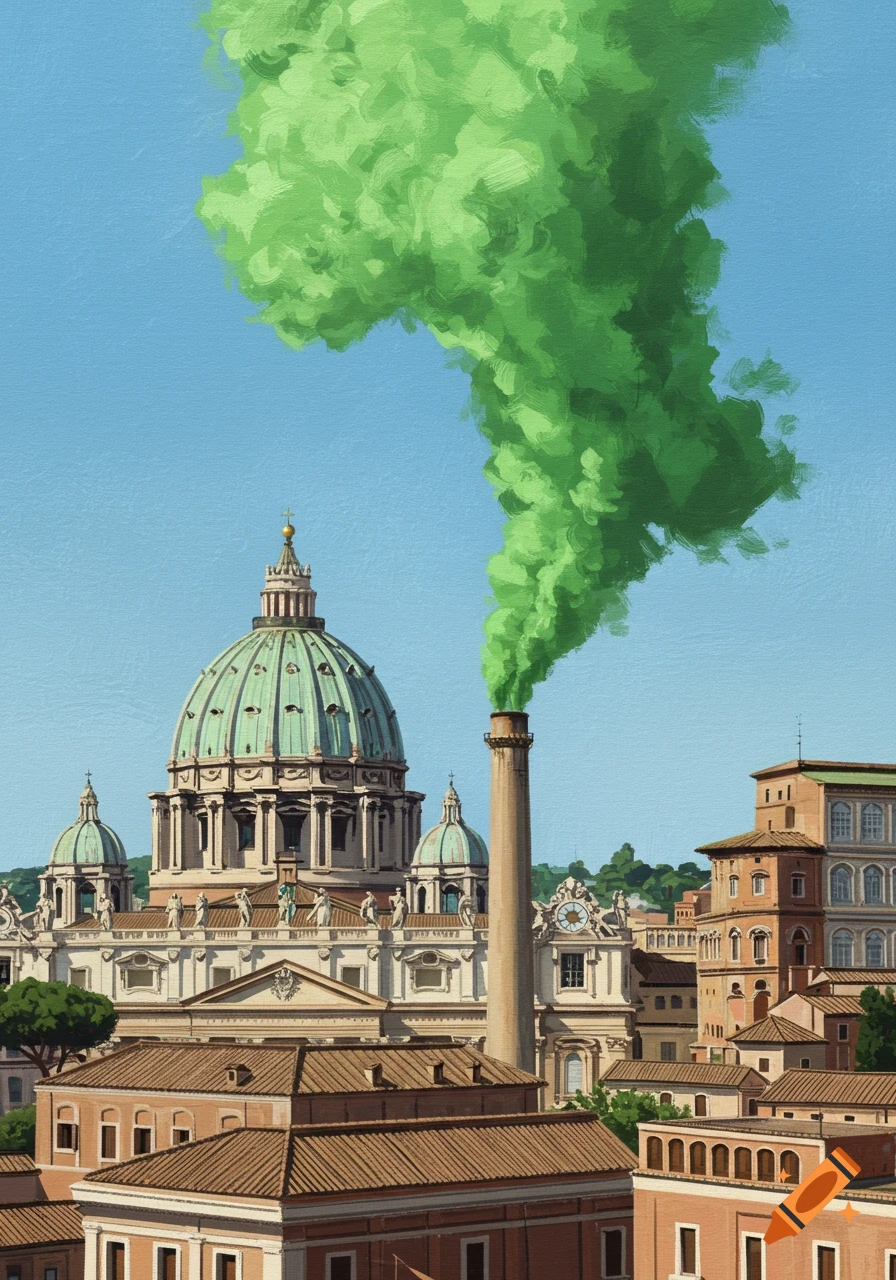 Painting of Vatican City with green smoke coming from a chimney.