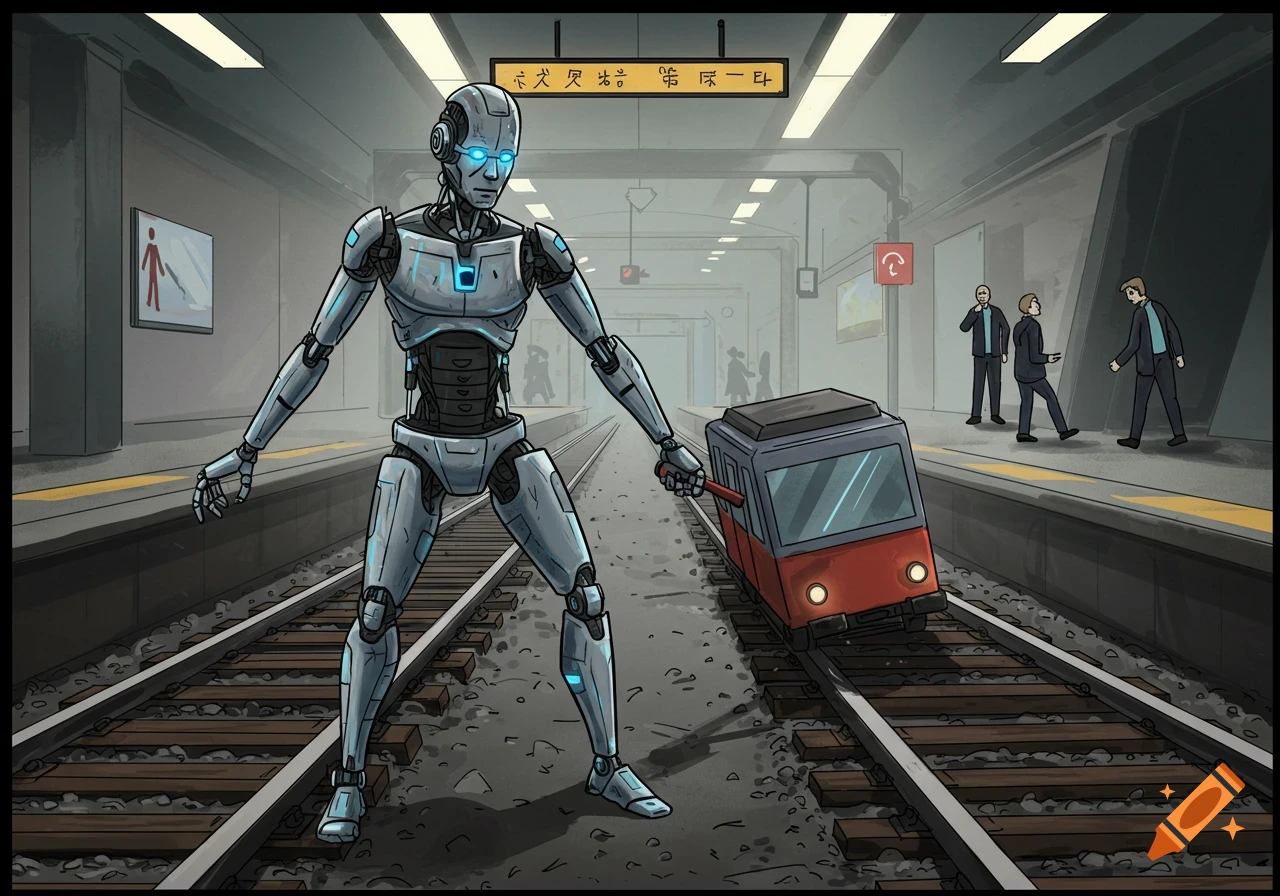 Illustrated robot pulling a lever attached to a small train on subway tracks at a subway station.