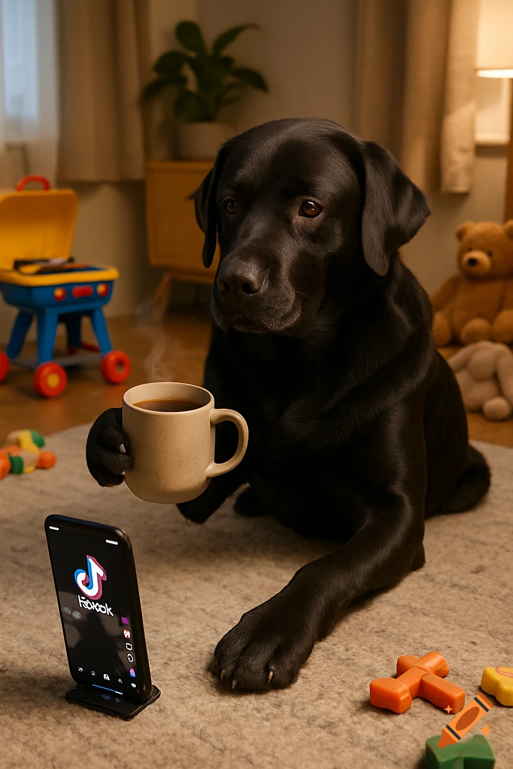 A black lab dog sits on a rug, holding a coffee mug while watching TikTok on a smartphone. Toys are scattered around.
