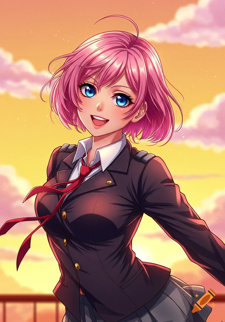 Anime girl in school uniform with pink hair and blue eyes smiling against a sunset sky.