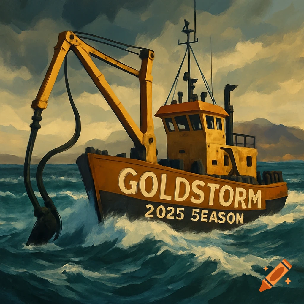 Stylized painting of the Goldstorm dredge boat on choppy water with mountains in the background.