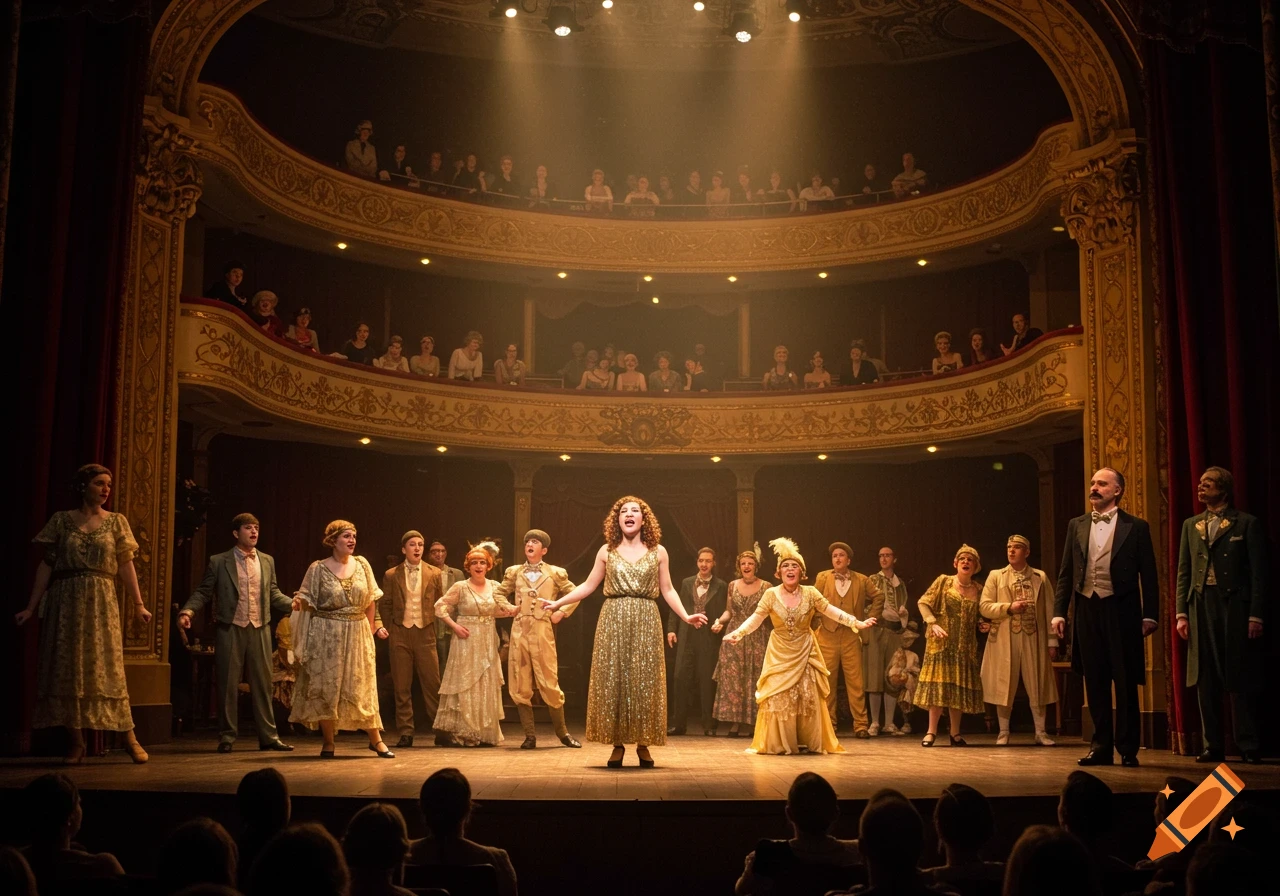 Actors in period costumes perform a play on a large stage in a grand theater.
