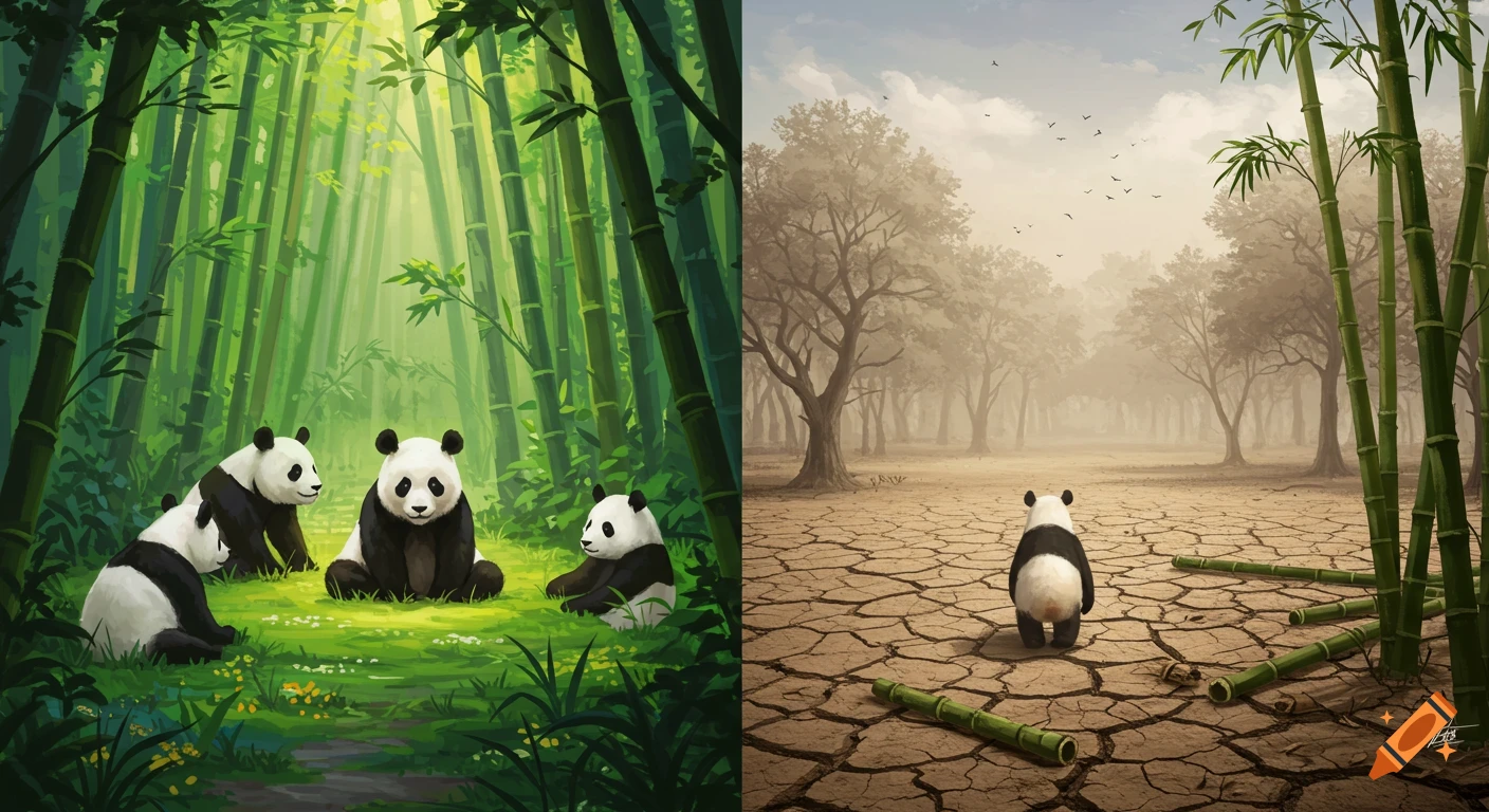 Split image showing contrast: Left, pandas in lush bamboo forest; Right, panda in dry, cracked landscape with fallen bamboo.