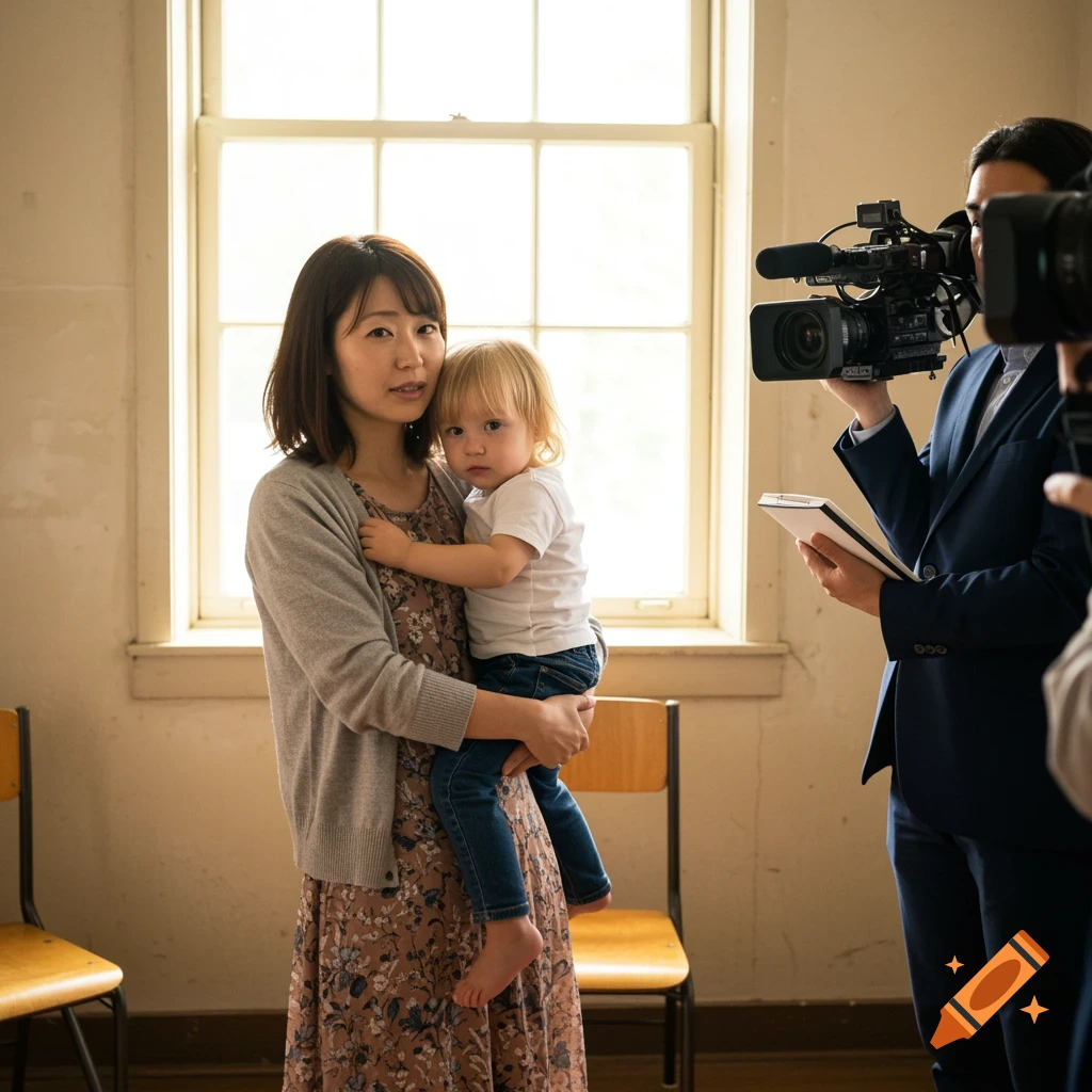 A woman holds a child while being interviewed by reporters.