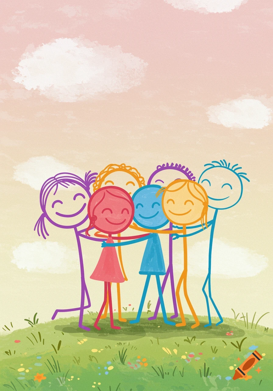 Colourful stick figure children hugging in a grassy field.