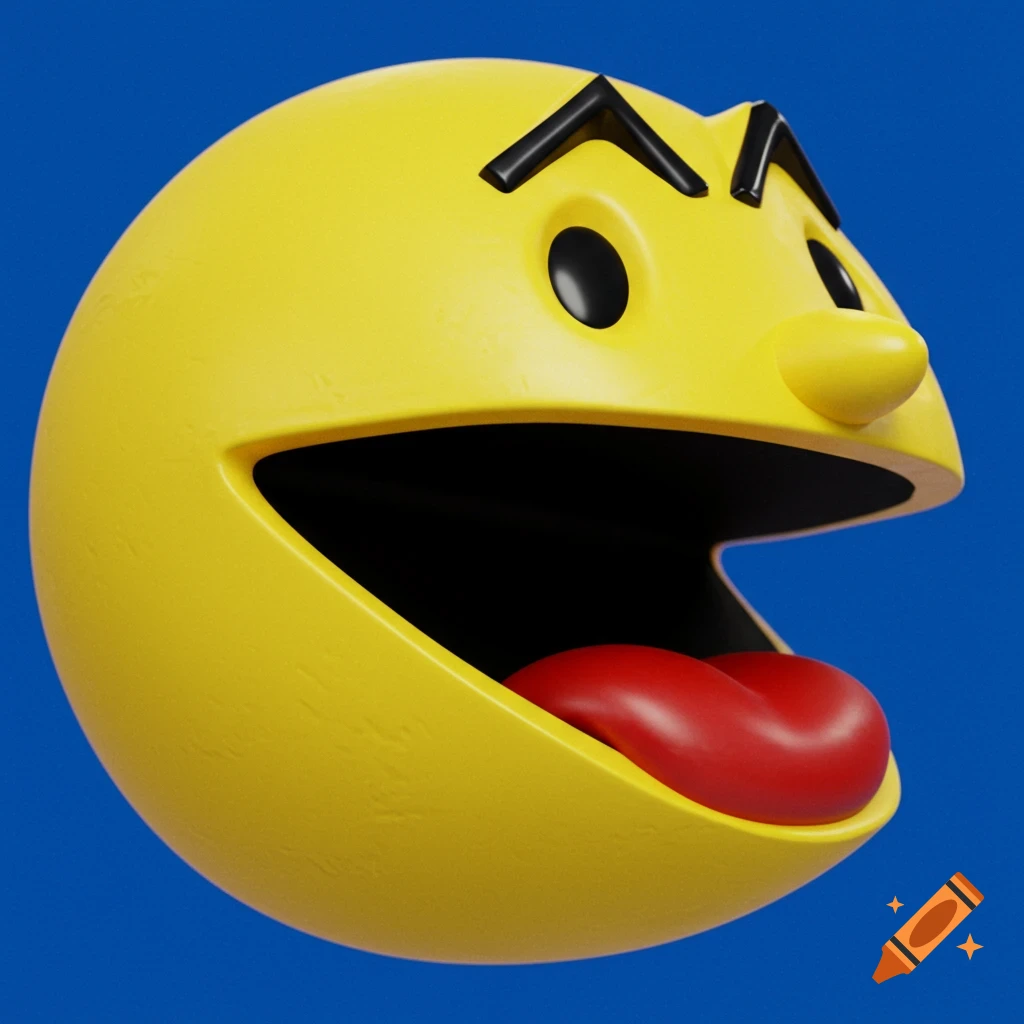 3D render of Pac-Man's head with mouth open and red tongue, against a blue background.