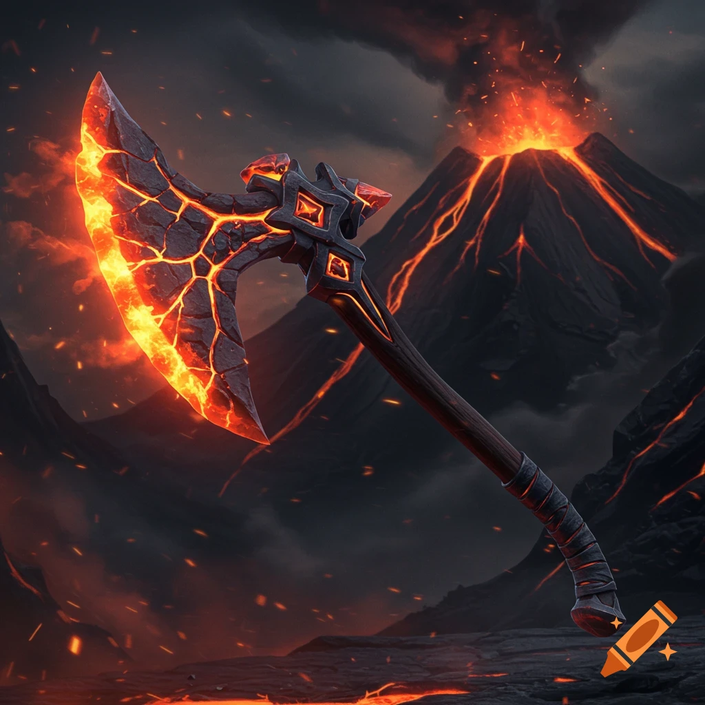 A glowing lava axe stands against a volcanic landscape with a fiery eruption.