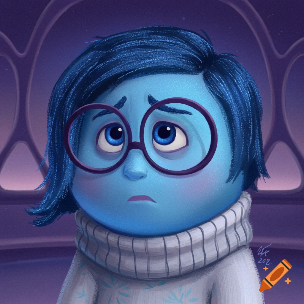 Close-up illustration of Sadness from Inside Out looking down sadly, wearing a sweater and glasses