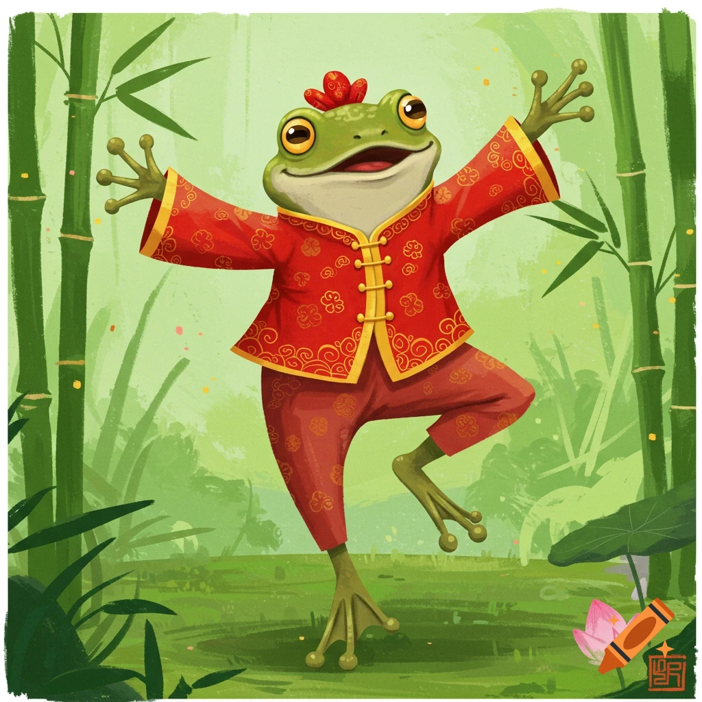 Cartoon frog in red Chinese clothing dancing in a bamboo forest.