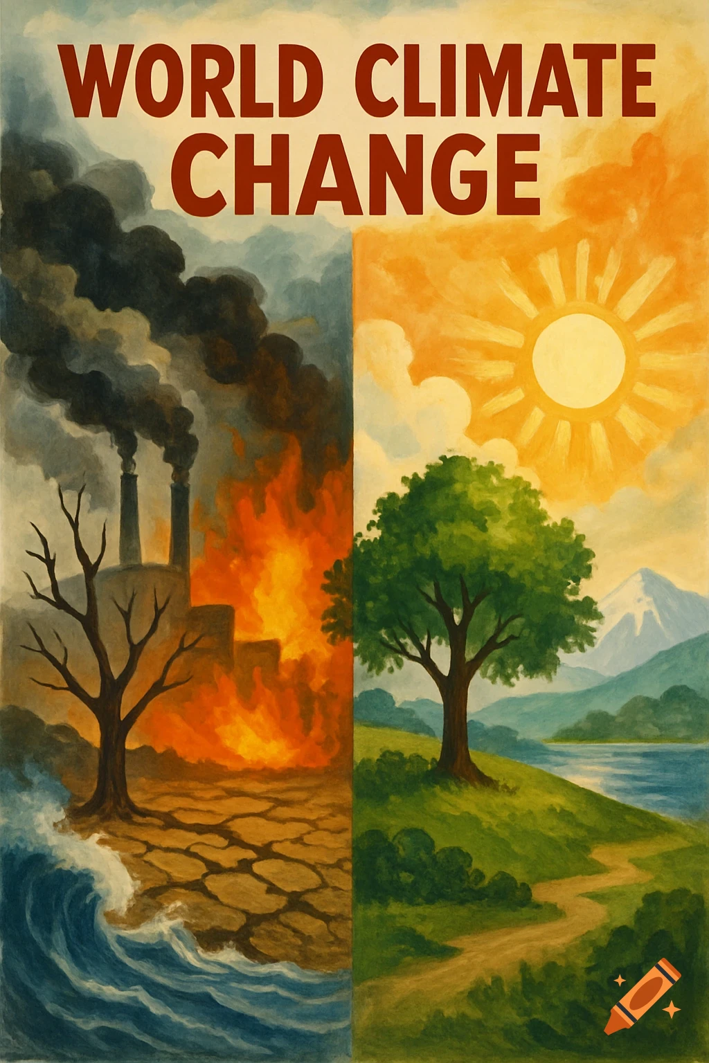 A poster showing a split view: the left side shows pollution, fire, drought, and rough seas, labeled "WORLD CLIMATE"; the right side shows a vibrant green landscape with a tree, river, mountains, and sun, labeled "CHANGE".