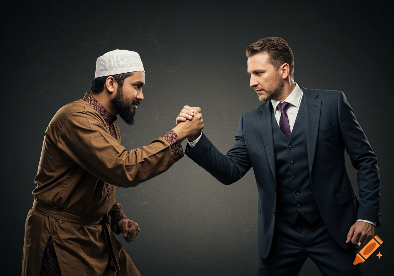 Photorealistic image of a Muslim man in traditional clothes arm wrestling a Western man in a suit.