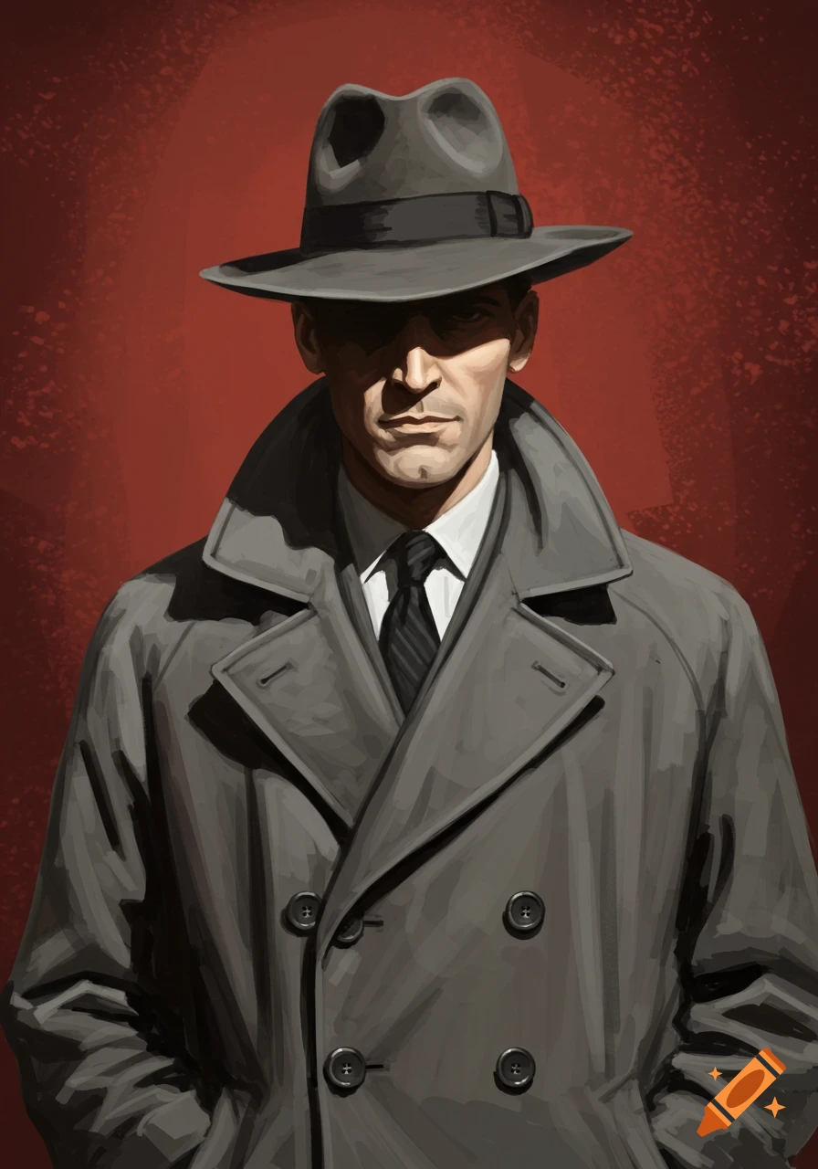 Illustration of a man in a fedora hat and trench coat, in a film noir style.