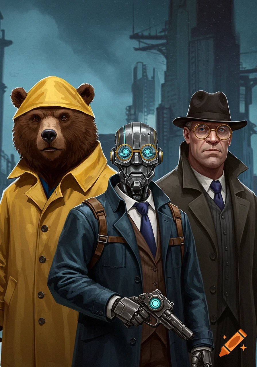 A crime-fighting trio: a bear in a yellow raincoat, a robot with glowing glasses, and a man in a fedora and trench coat.