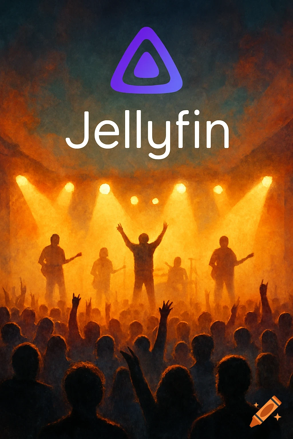 Jellyfin logo and name above a silhouetted band performing on stage with a cheering crowd in front, illuminated by warm stage lights.