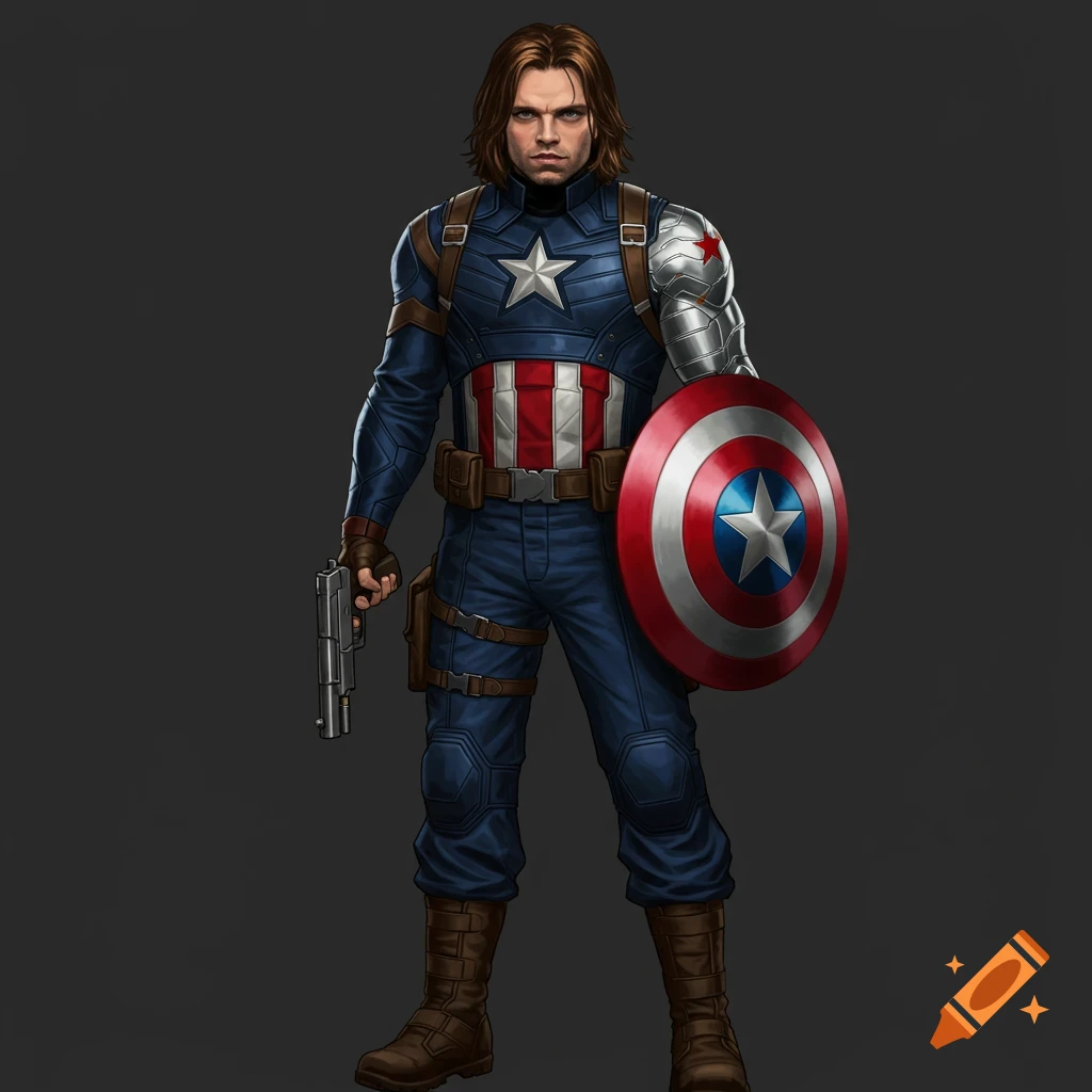 Illustration of Bucky Barnes in a Captain America themed suit, holding a pistol and the Captain America shield.