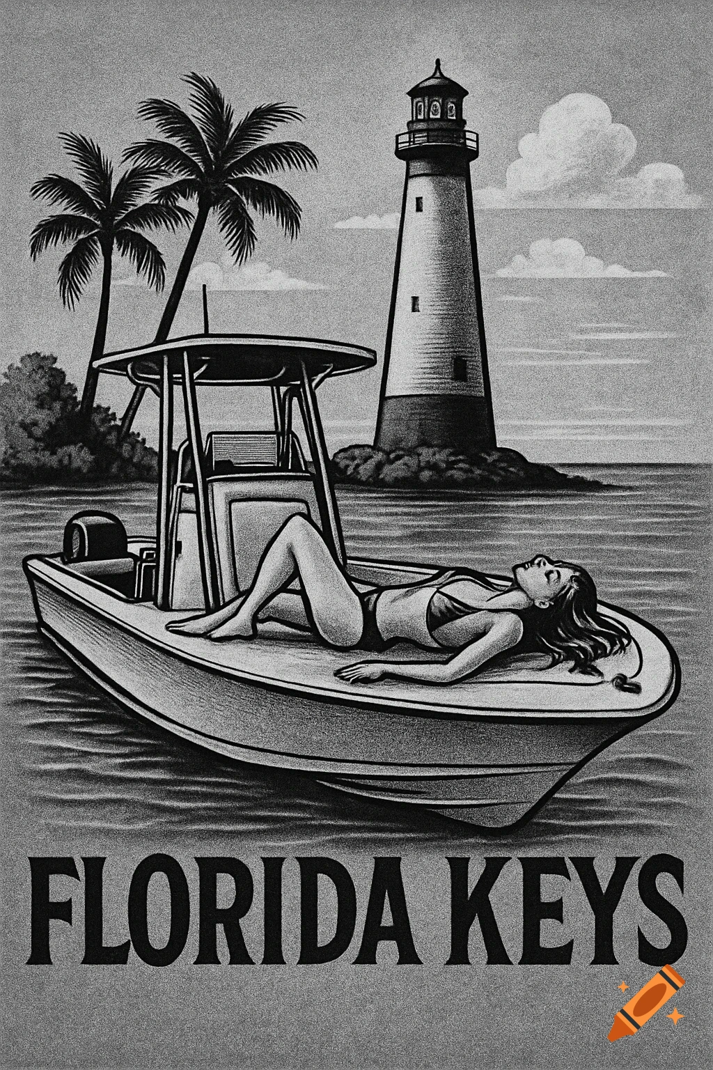 Black and white illustration of woman in bikini on boat with lighthouse and palm trees, text says "FLORIDA KEYS".
