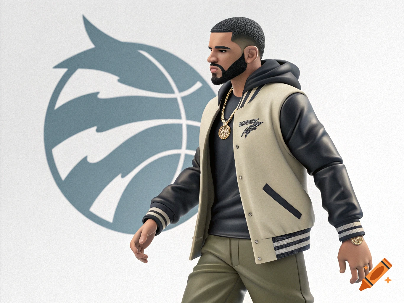 Stylized action figure resembling Drake in a bomber jacket with a logo.