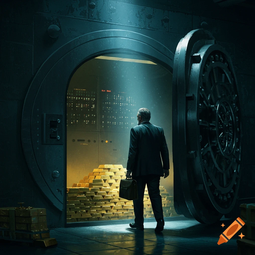 A person in a suit stands before an open vault door filled with gold bars, lit by a dramatic beam.