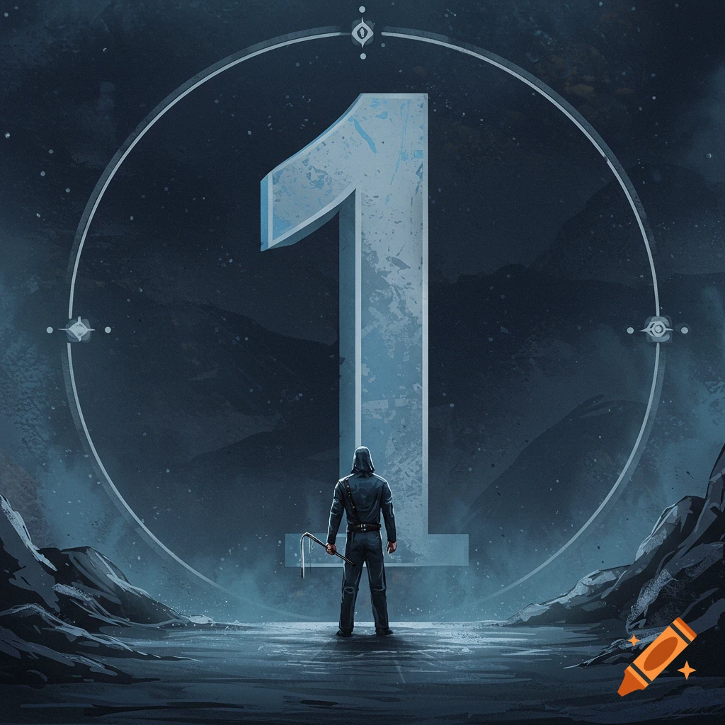 A hooded figure stands before a giant number 1 in a dark, desolate landscape, digital art.